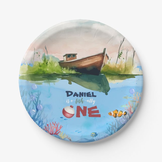 O-fish-ally One Fishing 1st Birthday Paper Plate (Front)