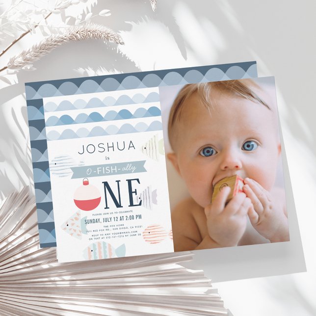 O-fish-ally One Fishing Boy 1st Birthday Photo Invitation (Creator Uploaded)