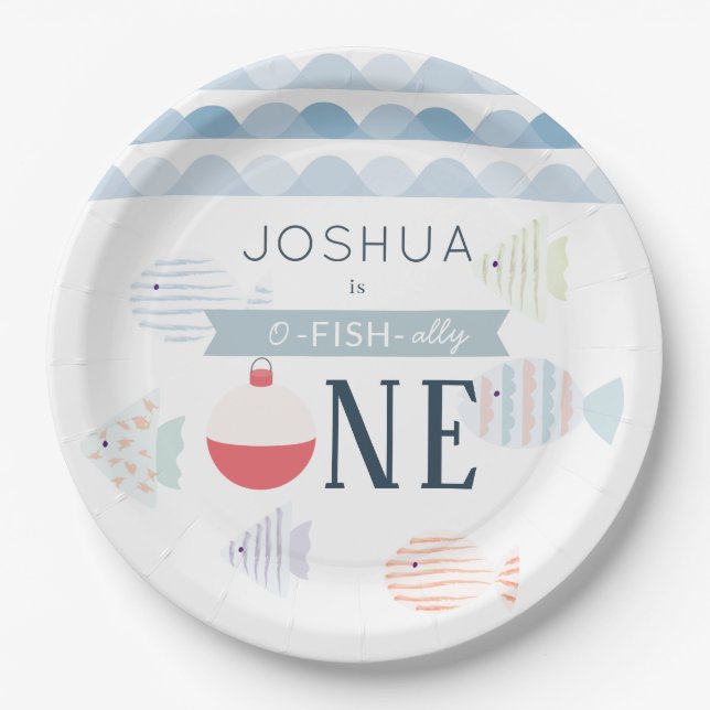 O-fish-ally One Fishing Boy White Birthday Paper Plate (Front)