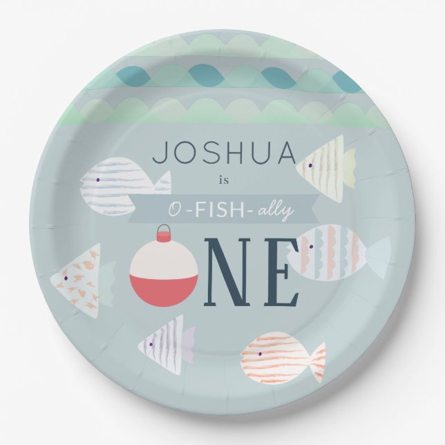 O-fish-ally One Fishing Turquoise Boy Birthday Paper Plate (Front)