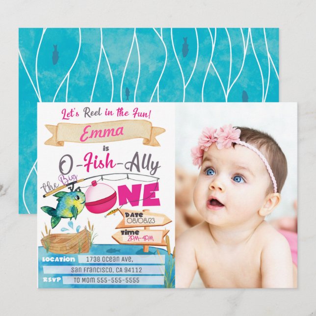 O-Fish-Ally One Girl 1st Birthday Fishing Photo  Invitation (Front/Back)
