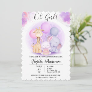 O Girl Elephant Giraffe Rabbit Balloon Baby Shower Invitation