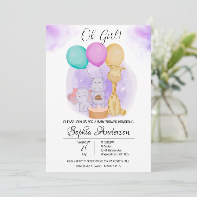 O Girl Elephant Hippo Giraffe Balloons Baby Shower Invitation (Standing Front)