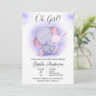 O Girl Rabbit and Elephant Baby Shower Invitation