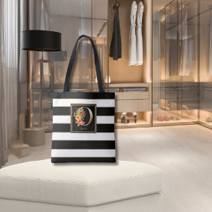 O Gold Floral Monogram   Black White Gold Stripes Tote Bag