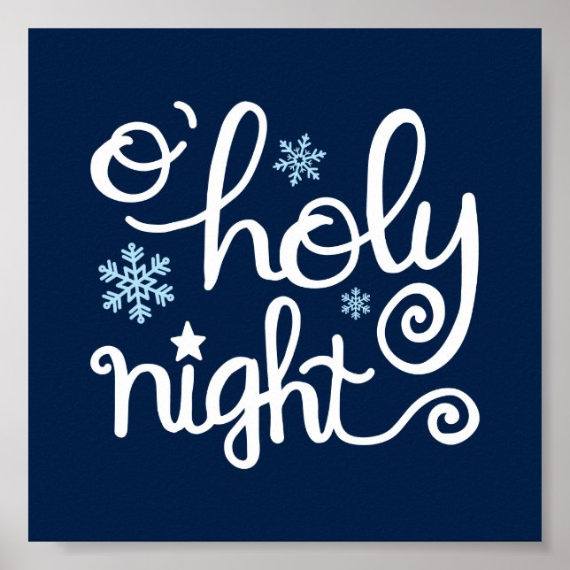 O Holy Night Blue White Hand Lettered Christmas Poster (Front)
