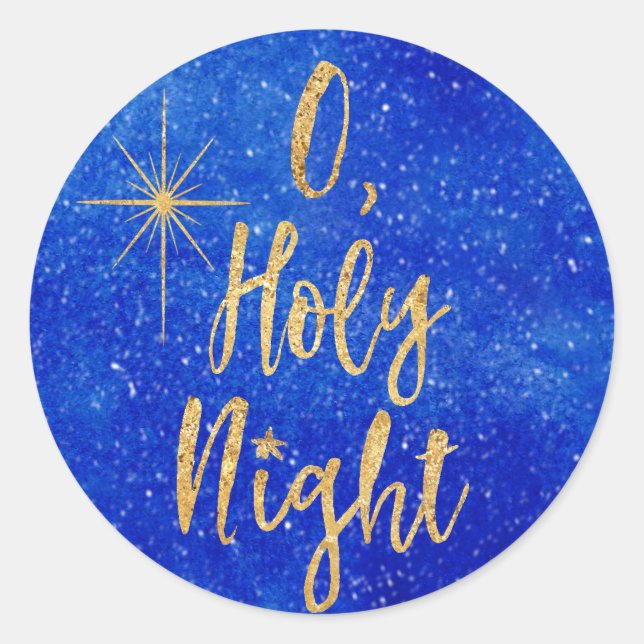 O Holy Night Christmas Blue and Gold Classic Round Sticker (Front)