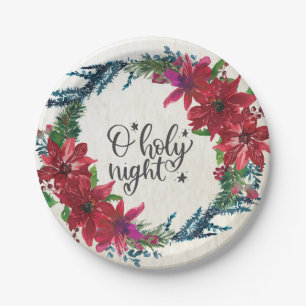 O Holy Night, Christmas Carol Red Poinsettia Paper Plate