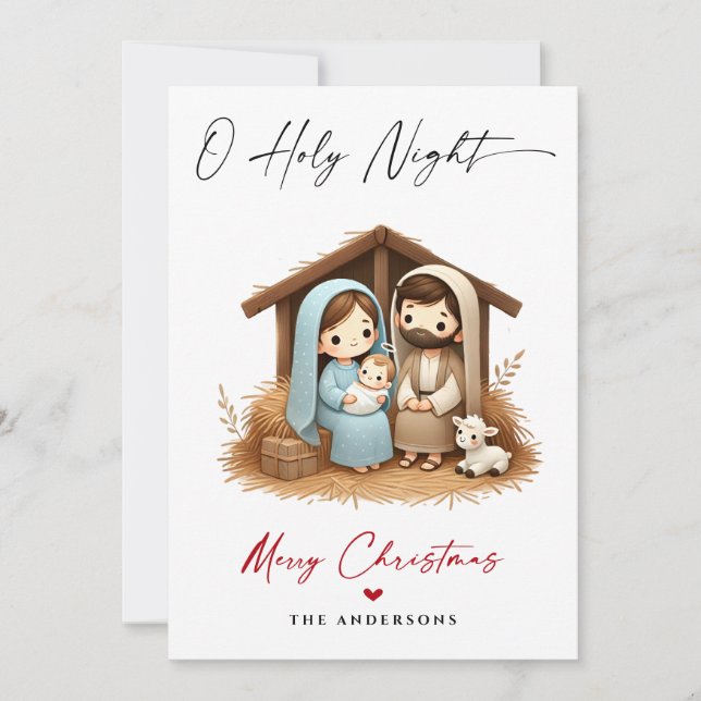 O Holy Night Christmas Nativity Scene Family Photo Holiday Card (Front)