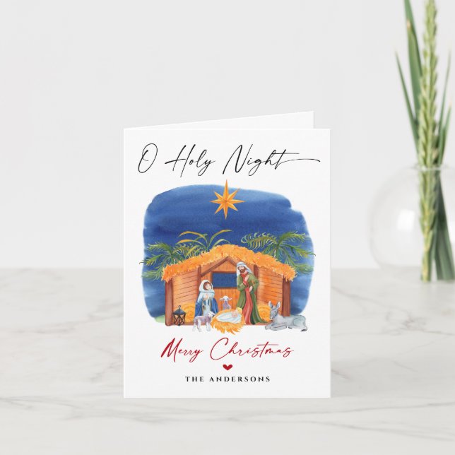 O Holy Night Christmas Nativity Scene Family Photo Holiday Card (Front)