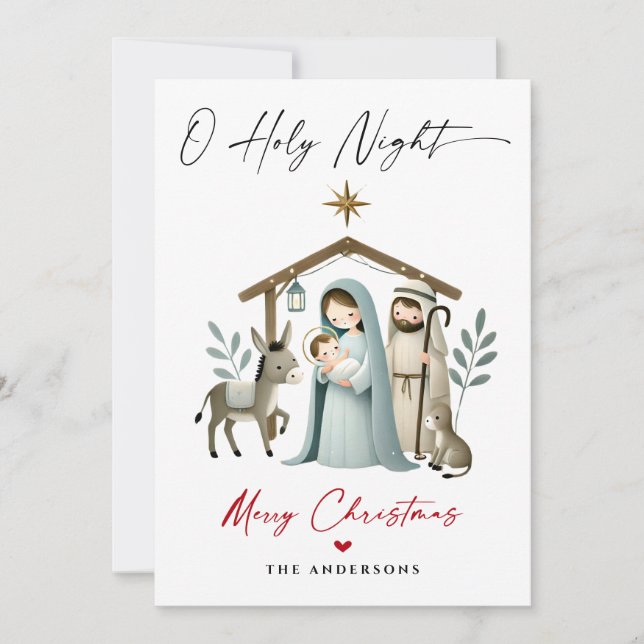 O Holy Night Christmas Nativity Scene Family Photo Holiday Card (Front)