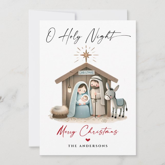 O Holy Night Christmas Nativity Scene Family Photo Holiday Card (Front)