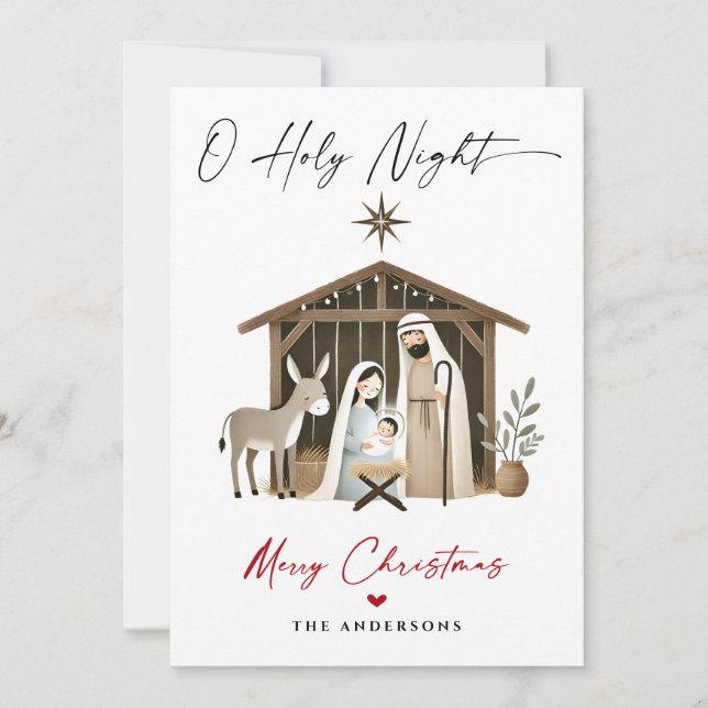 O Holy Night Christmas Nativity Scene Family Photo Holiday Card (Front)