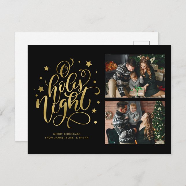O Holy Night Fancy Script 2 Photo Collage Holiday Postcard (Front/Back)