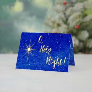 O Holy Night Gold Star Blue Religious Gilded Foil Holiday Card