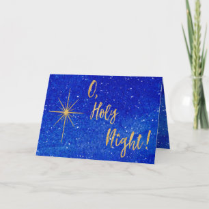 O Holy Night Gold Star Blue Religious Holiday Card
