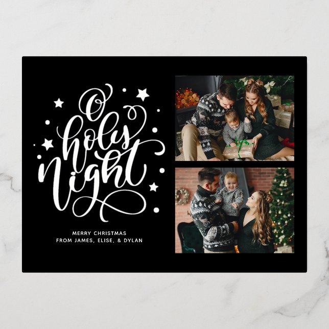 O Holy Night Hand Lettered Custom Photo Holiday Fo Foil Invitation Postcard (Front)