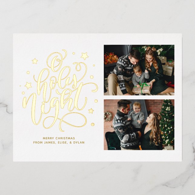 O Holy Night Hand Lettered Custom Photo Holiday Foil Invitation Postcard (Front)