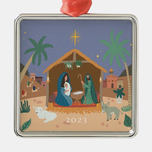 O' Holy Night Nativity Scene Christmas Metal Tree Decoration (Front)
