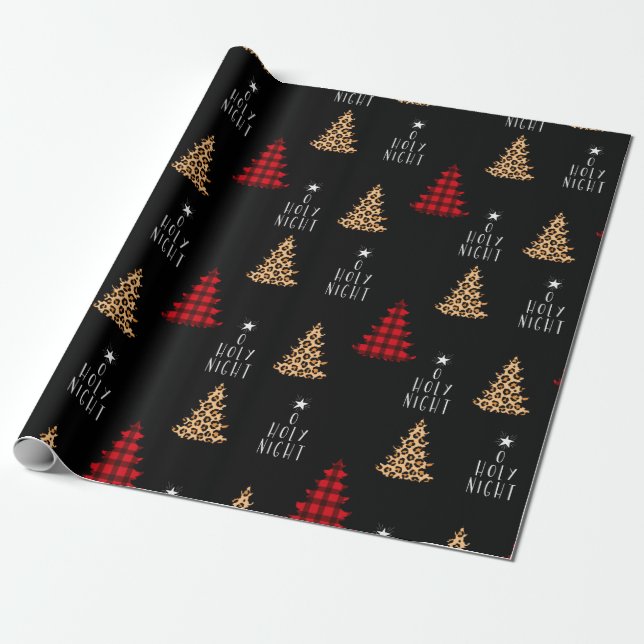O Holy Night Red Buffalo Plaid Leopard Christmas  Wrapping Paper (Unrolled)