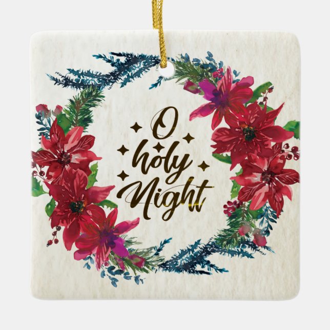 O Holy Night Red Poinsettia Personalised Christmas Ceramic Ornament (Front)