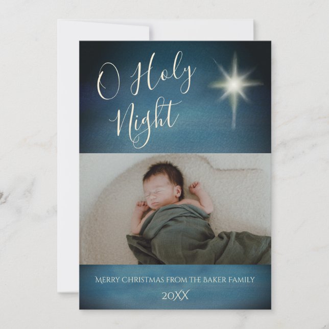 O Holy Night Religious Christmas Star Blue Photo Holiday Card (Front)