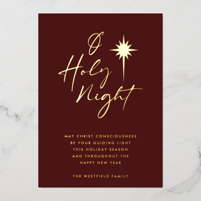 O Holy Night Star of Bethlehem Burgundy and Gold Foil Holiday Card (Front)