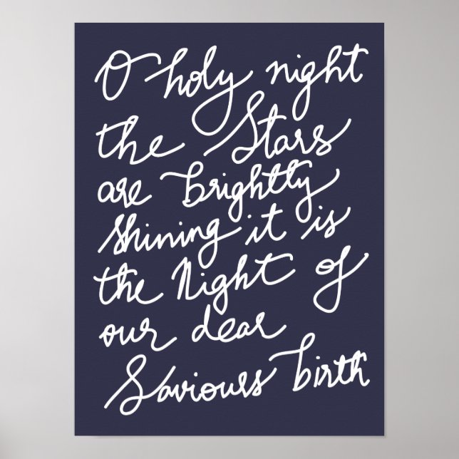 O Holy Night White Typography Navy Blue Christmas Poster (Front)