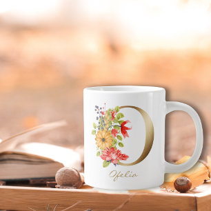 O Letter Gold Monogram Yellow Red Purple Floral Large Coffee Mug