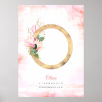 O Letter Monogram Gold Leaves Pink Magnolia Floral