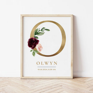 O Letter Monogram Name Marsala Floral Nursery Poster