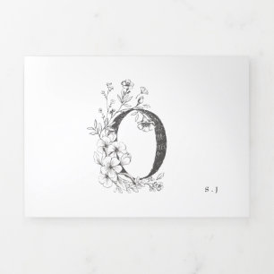 'O' Monogram Beautiful Sketched Floral Wedding Tri-Fold Invitation