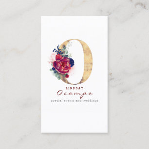 O Monogram Burgundy Gold and Navy Blue Floral Business Card
