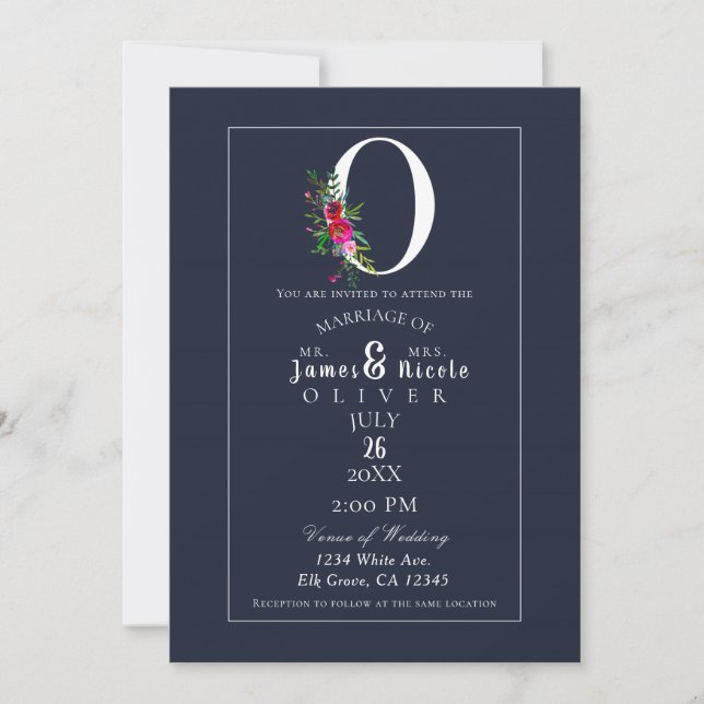 O Monogram Last Initial Modern Blue Floral Wedding Invitation (Front)