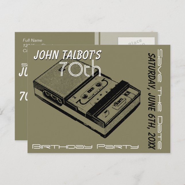 O Tape Recorder 70th birthday Party Save the Date Announcement Postcard (Front/Back)
