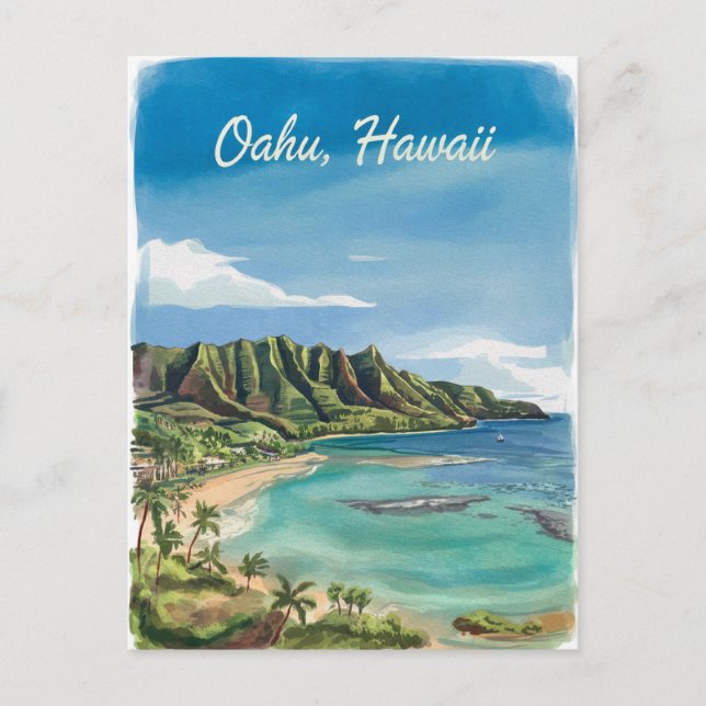 Oahu Hawaii Beach Watercolor Painting  Postcard (Front)