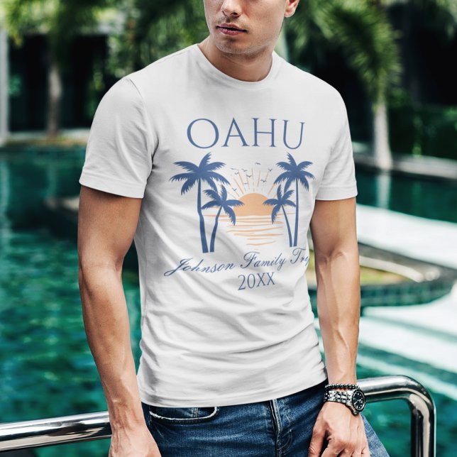 Oahu Hawaii Family Vacation Trip T-Shirt (Man wearing an "Oahu" t-shirt by a pool.)