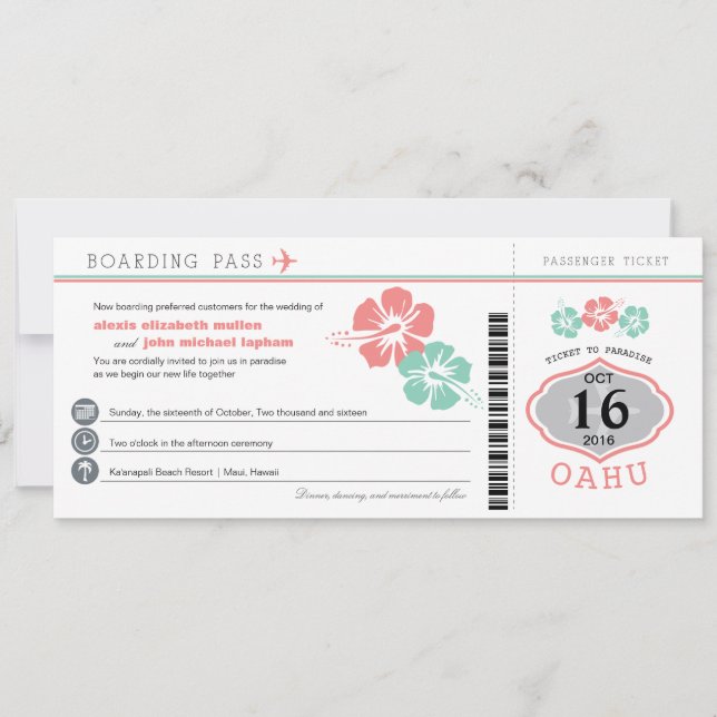 Oahu Hawaii Hibiscus Boarding Pass Wedding Invitation (Front)