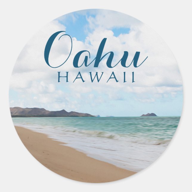 Oahu Hawaii Ocean Waves & Beach Classic Round Sticker (Front)