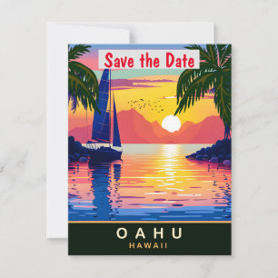 Oahu Hawaii Palm Sunset Pink Wedding Invitation