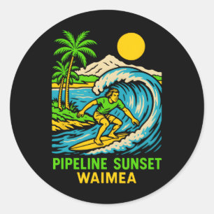 Oahu Hawaii Pipeline Sunset Retro Mens Surfs Up Classic Round Sticker