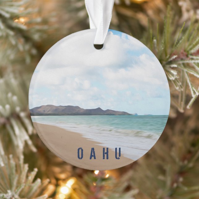 Oahu Hawaii Tropical Beach 2 Photo & Text Ornament (Tree)