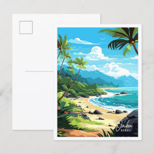 Oahu Hawaii USA Art vintage travel illustration Postcard