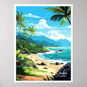 Oahu Hawaii USA Art vintage travel illustration Poster