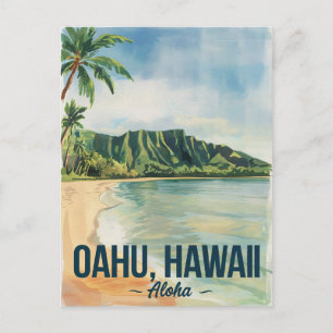 Oahu Hawaii Watercolor Painting Travel Postcard