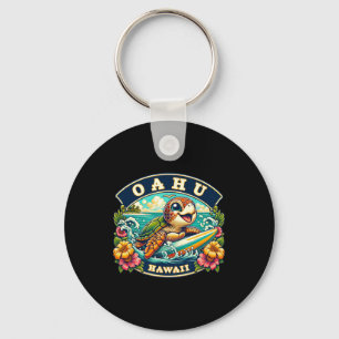 Oahu Hawaiii Cute Sea Turtle Surfing Key Ring