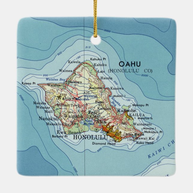 Oahu Island Vintage Map Ceramic Ornament (Back)