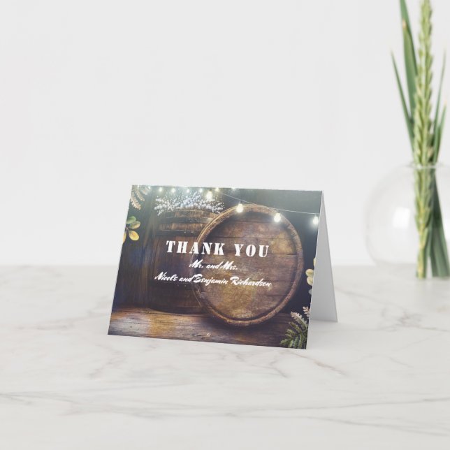 Oak Barrel Rustic Barn Wedding Thank You (Front)