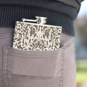 Oak branches and leaves, damask pattern in brown a hip flask