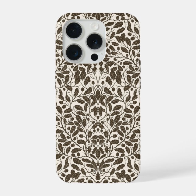Oak branches and leaves, damask pattern in brown a iPhone case (Back)